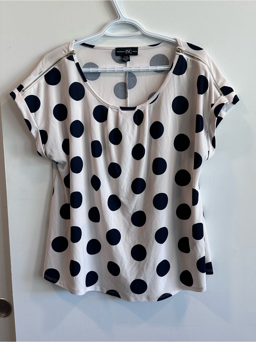 INC International Concepts Cream Blouse with Black Polka Dots